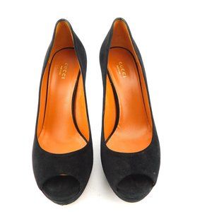 GUCCI Black Suede Leather Peep Toe Platform Heel Pumps 38.5